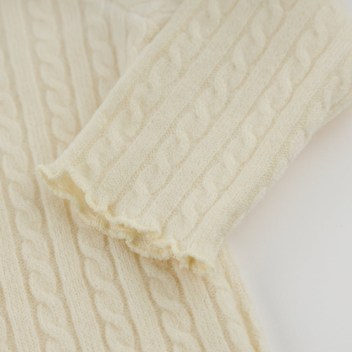 oh baby! Cable Knit Mock Neck Lettuce Edge Long Sleeve Top - Natural - Cuff