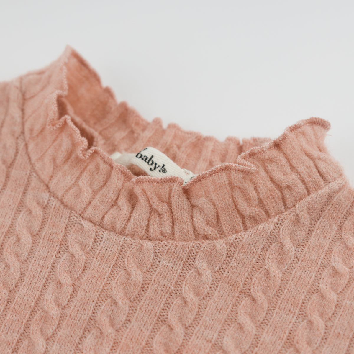 oh baby! Cable Knit Mock Neck Lettuce Edge Long Sleeve Top - Pale Pink - Neck