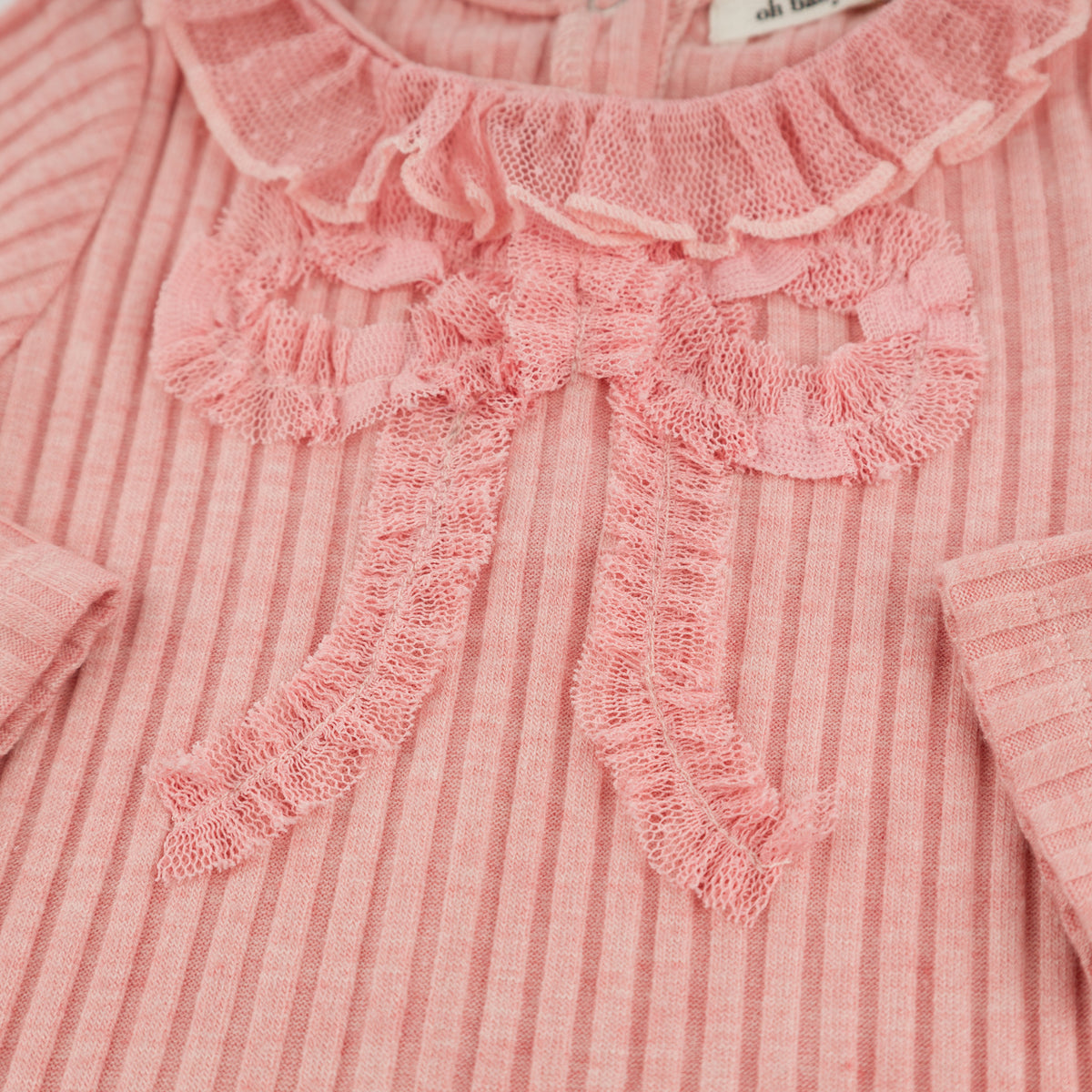 oh baby! Emily Long Sleeve Tee - Mesh Ruffle Bow - Warm Pink - Close Up
