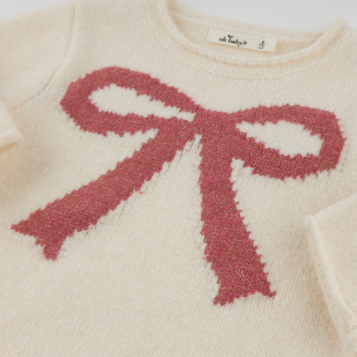 oh baby! Roll-Edge Knitted Pullover Sweater - Bow - Cream - Close Up Front