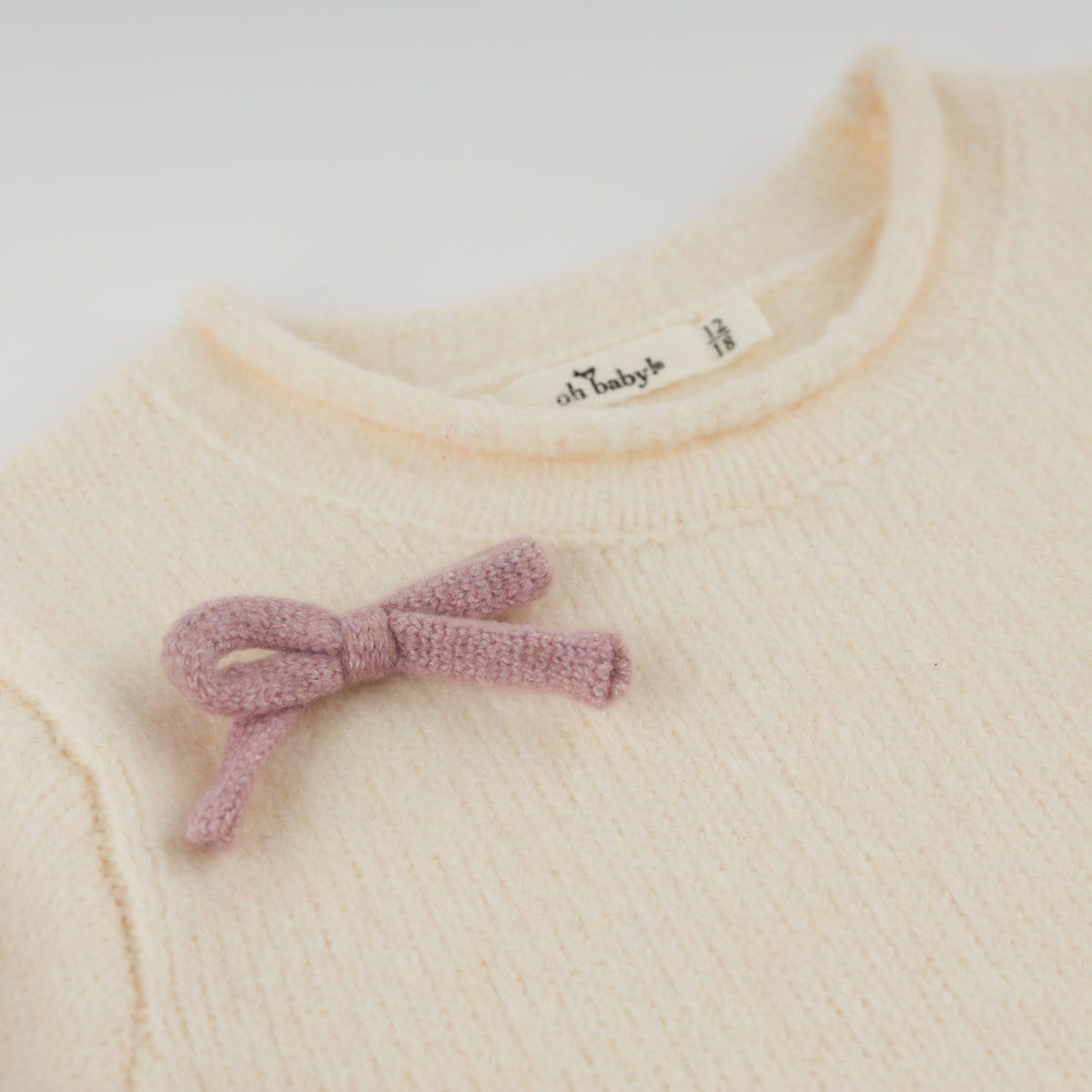 oh baby! Roll-Edge Knitted Pullover Sweater - Multi Bows - Cream - Neck