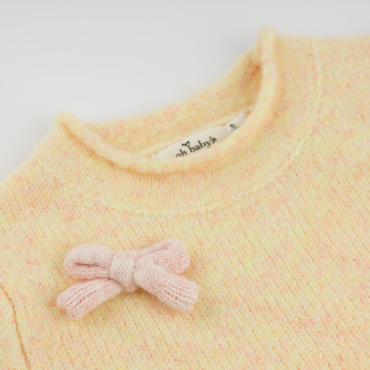 oh baby! Fuzzy Roll-Edge Knitted Pullover Sweater - Bows - Cream - Neck