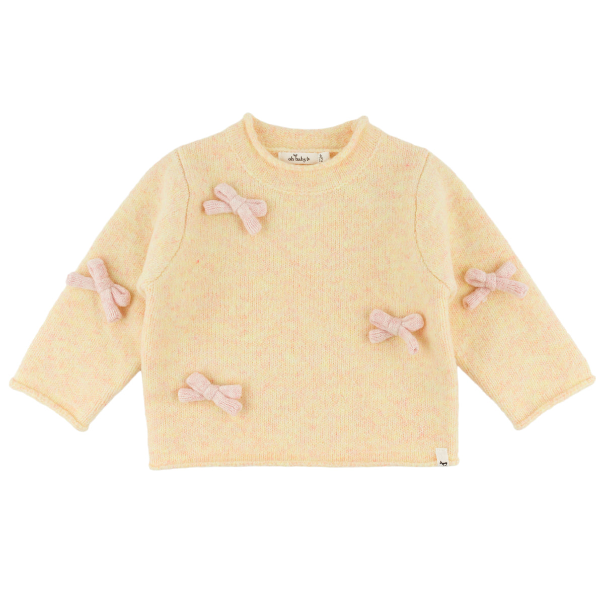 oh baby! Fuzzy Roll-Edge Knitted Pullover Sweater - Bows - Cream