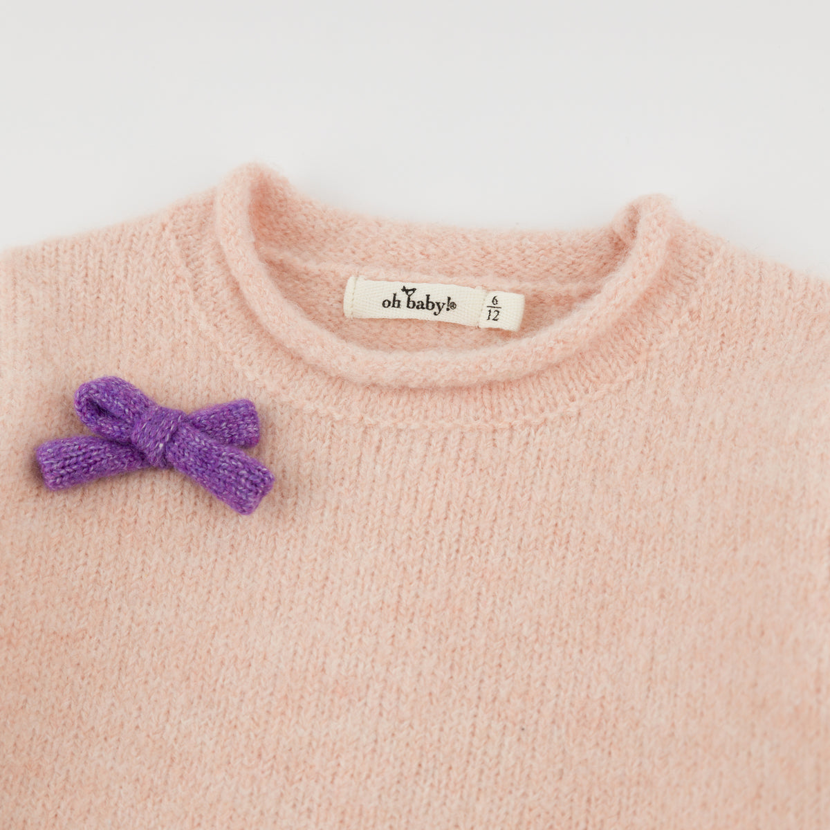 oh baby! Roll-Edge Knitted Pullover Sweater - Multi Bows - Pale Pink Heather - Neck