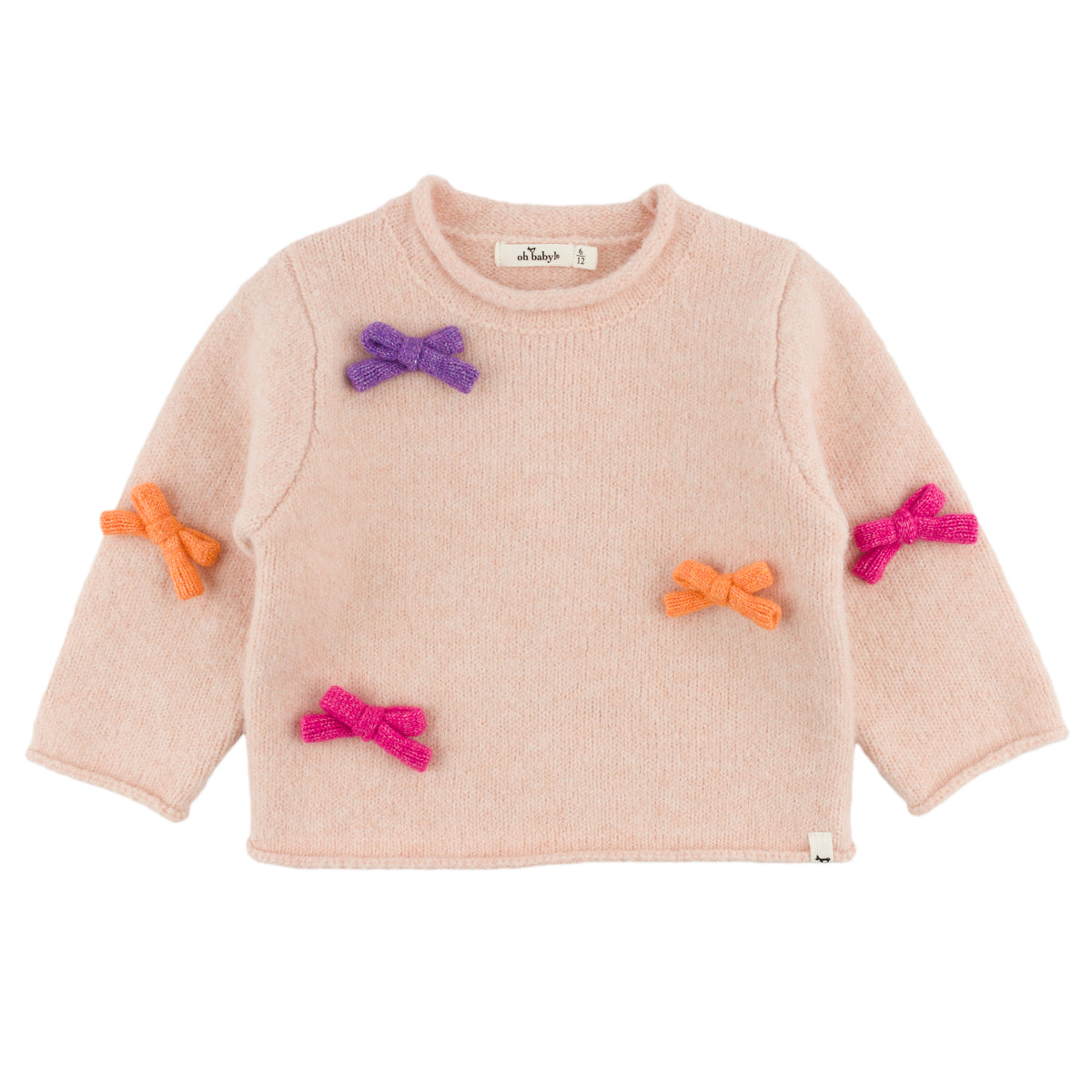 oh baby! Roll-Edge Knitted Pullover Sweater - Multi Bows - Pale Pink Heather
