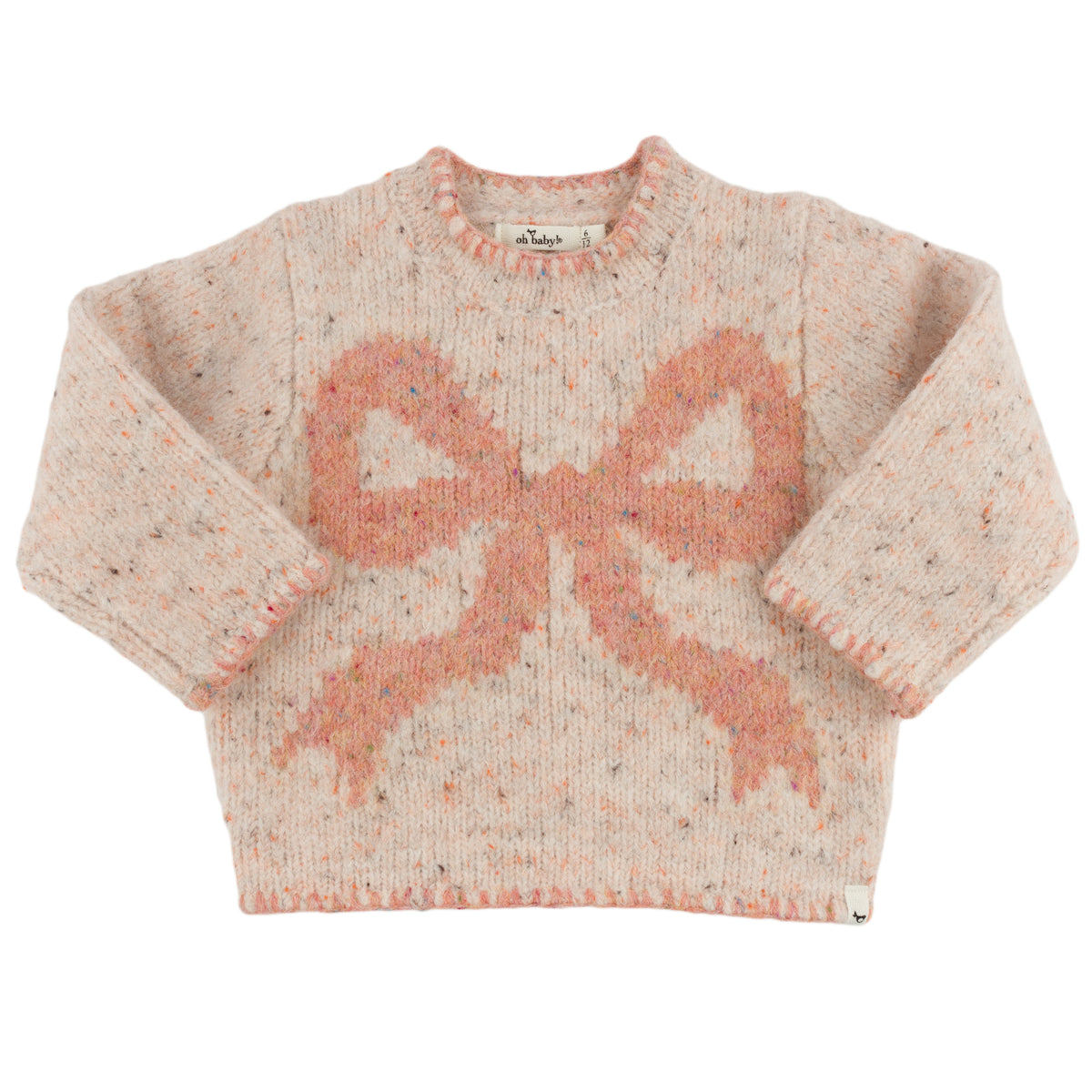 oh baby! Speckled Roll-Edge Knitted Pullover Sweater - Big Bow - Pale Pink