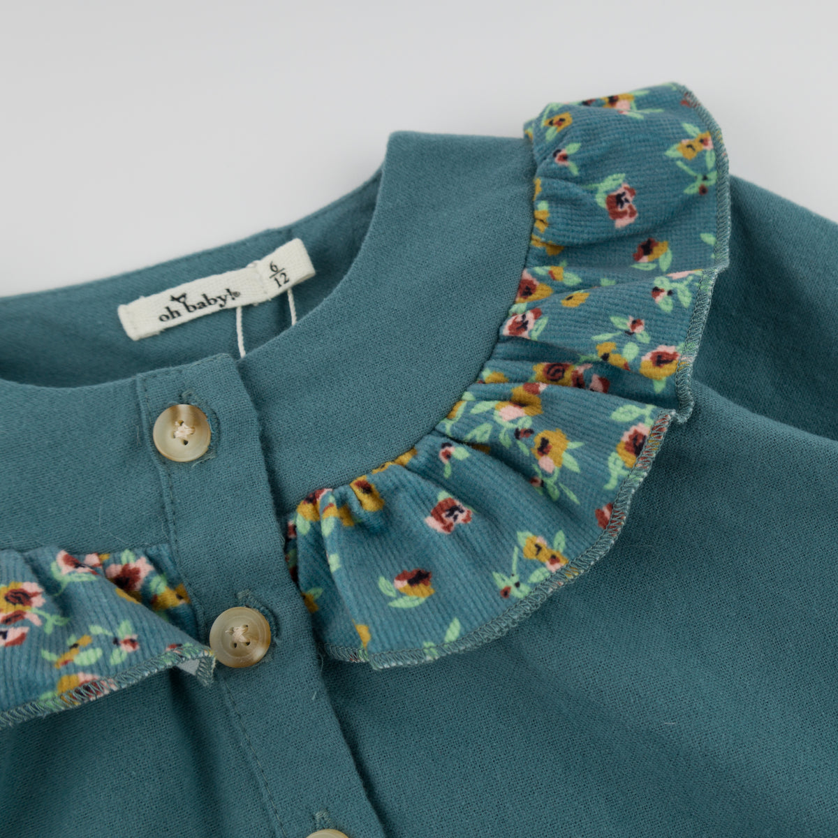 oh baby! Holly Blouse - Harvest Bloom Ruffle - Teal - Close Up Ruffle Collar