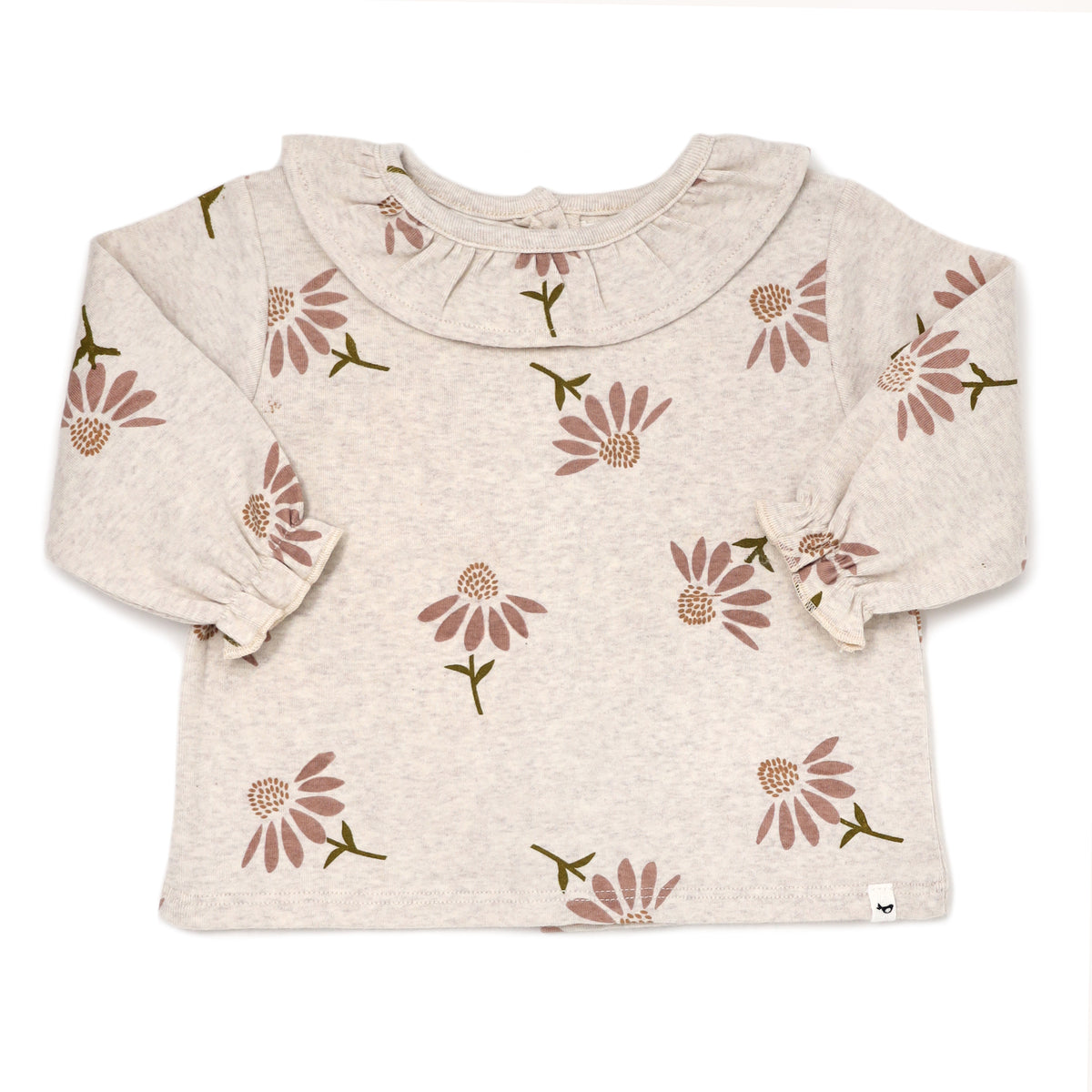 oh baby! Ruffle Neck Blouse with Cone Flowers Print - Sand