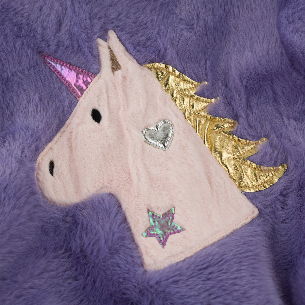 oh baby! Faux Fur Tahoe Coat - Metallic Unicorn Applique - Lavender - Close Up Applique