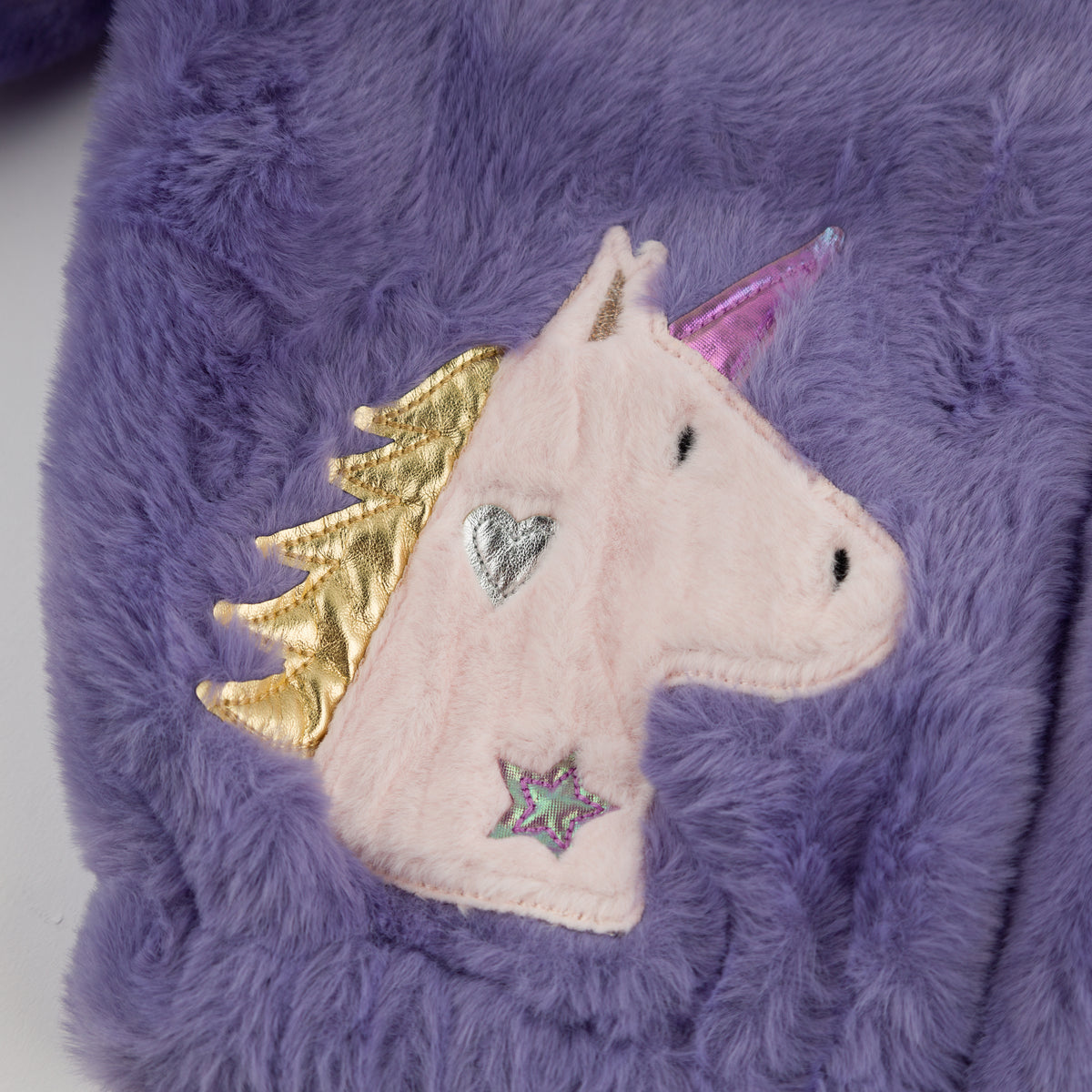 oh baby! Faux Fur Tahoe Coat - Metallic Unicorn Applique - Lavender - Front Applique