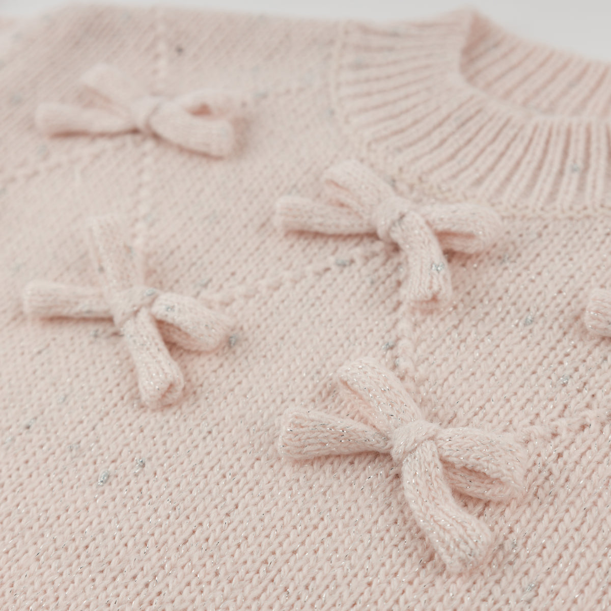 oh baby! Diamond Cable Knitted Sweater - Bows - Barely Pink Sparkle - Close Up