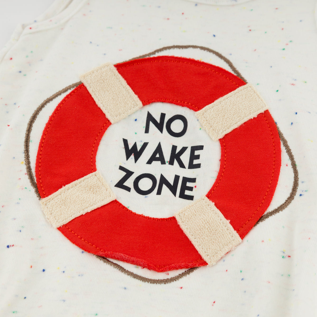 oh baby! Bubble Onesie - "No Wake Zone" Applique - Confetti Oyster - Applique Close
