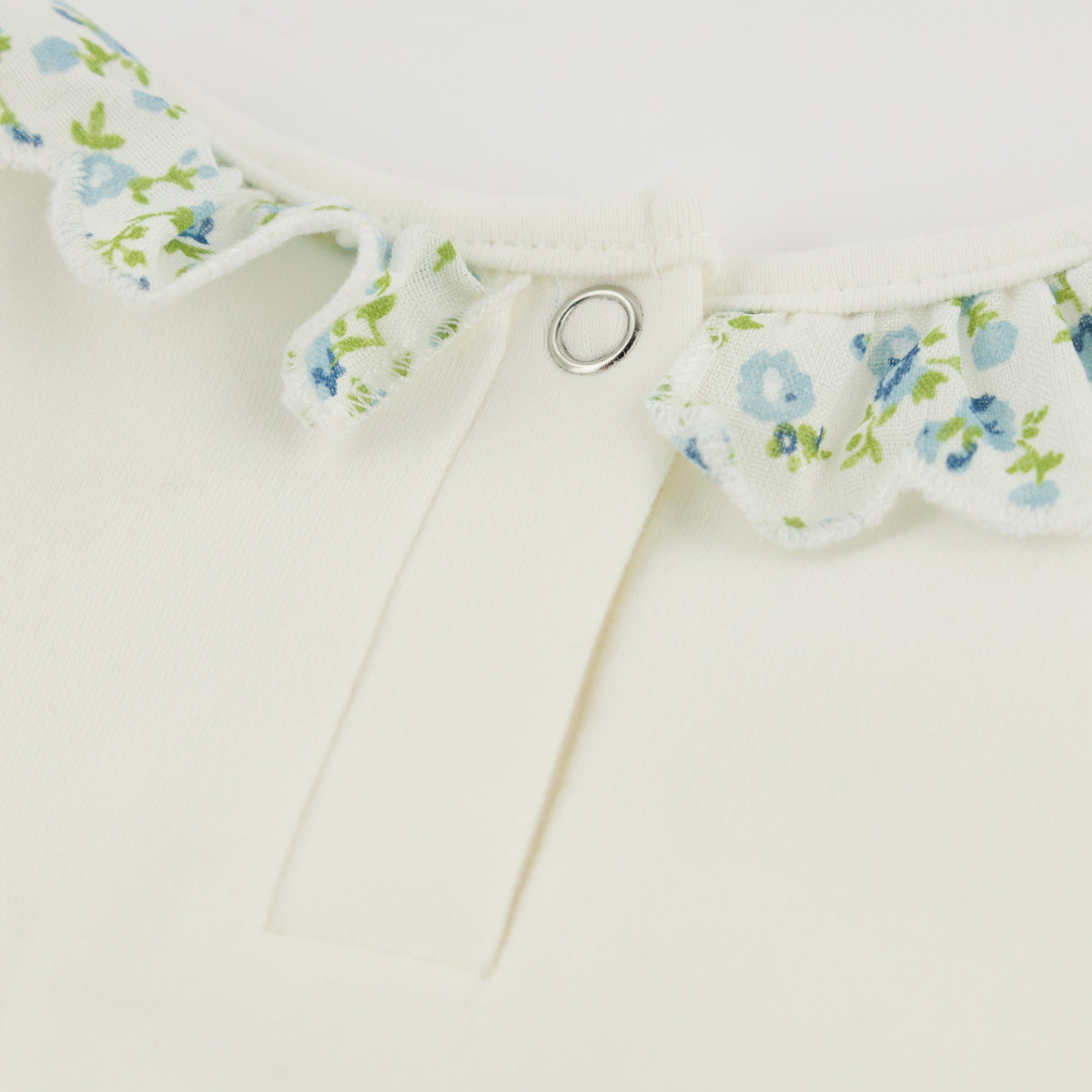 oh baby! Bella Bubble - Sky Blue Poppy Sprig Ruffle Bow - Oyster - Back Snap