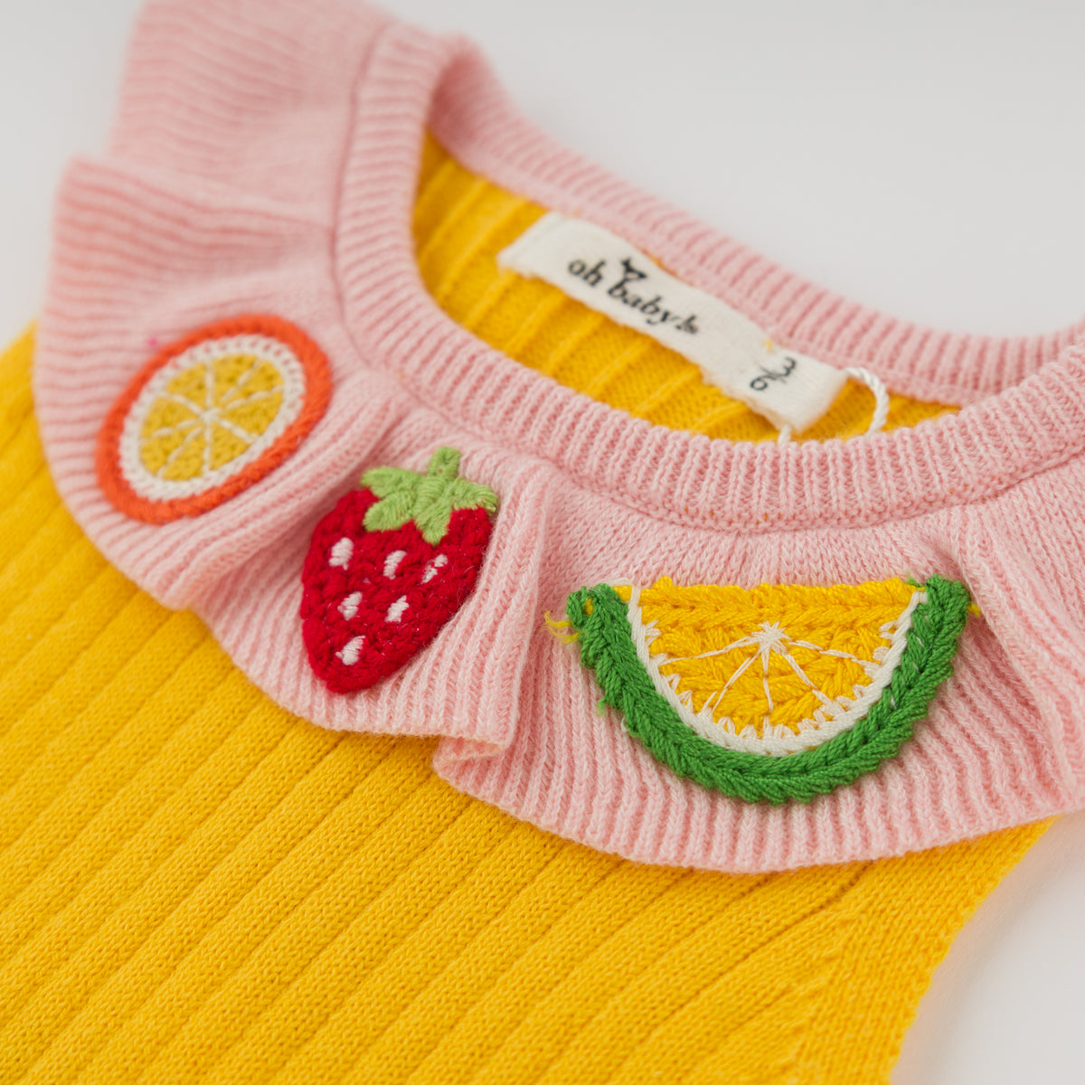 oh baby! Victoria Knitted Romper - Mixed Fruit Crochet Appliques - Lemon
