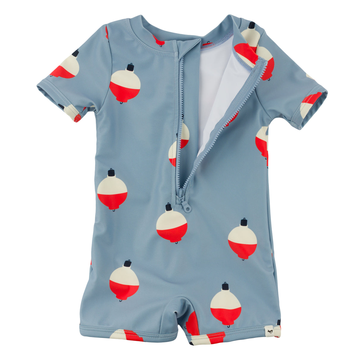 oh baby! Malibu Rash Guard One Piece Swimsuit - Bobbers Print - Fog - Zipper Open