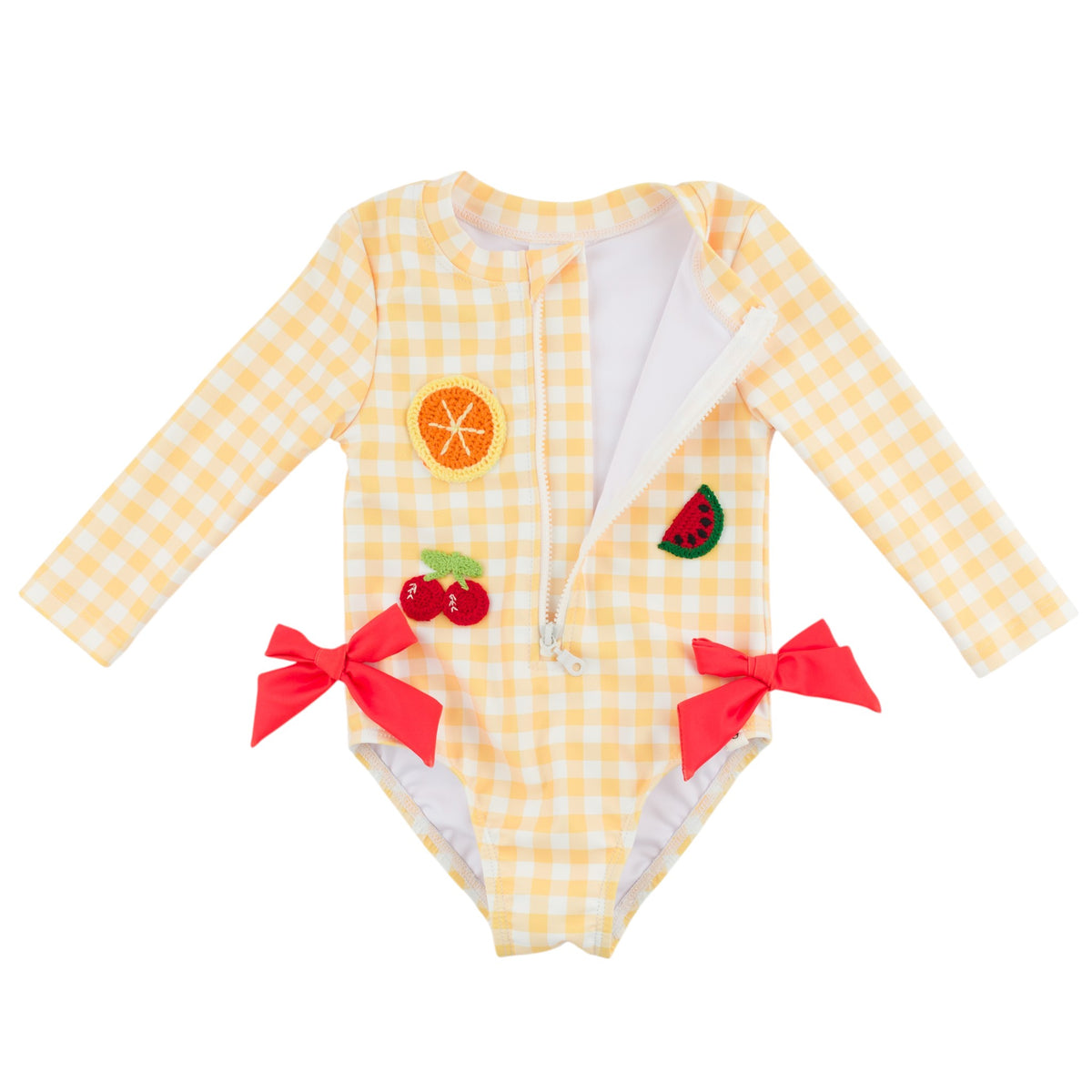 oh baby! Malibu Swimsuit - Mixed Fruit and Bow Appliques - Lemon Checks