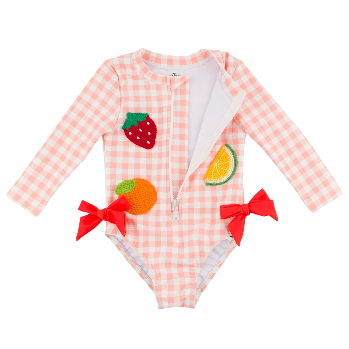 oh baby! Malibu Swimsuit - Mixed Fruit and Bow Appliques - Peach Checks