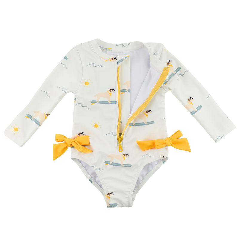 oh baby! Malibu Swimsuit - Surfing Dog Print - Oyster - Zipper Open