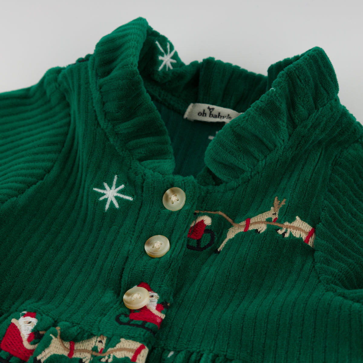 oh baby! Ivy Dress - Embroidered Santa Sleigh - Christmas Green - collar - buttons