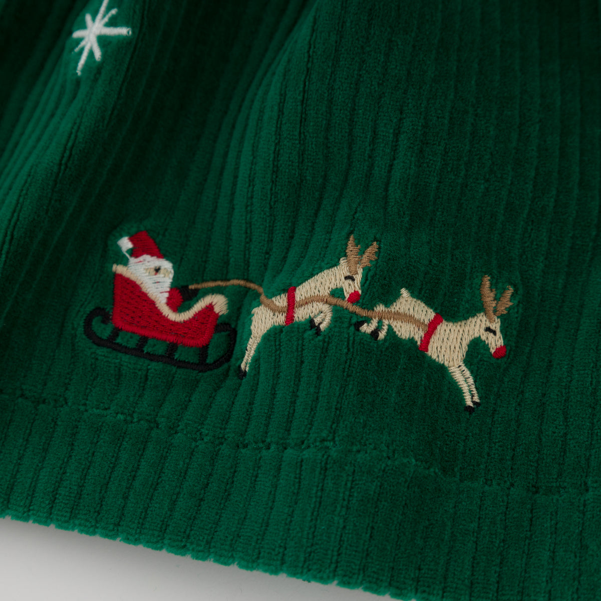 oh baby! Ivy Dress - Embroidered Santa Sleigh - Christmas Green - closeup