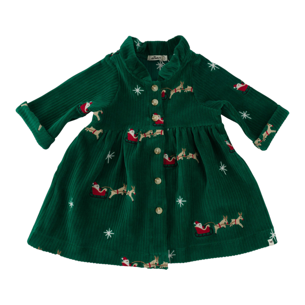 oh baby! Ivy Dress - Embroidered Santa Sleigh - Christmas Green - front