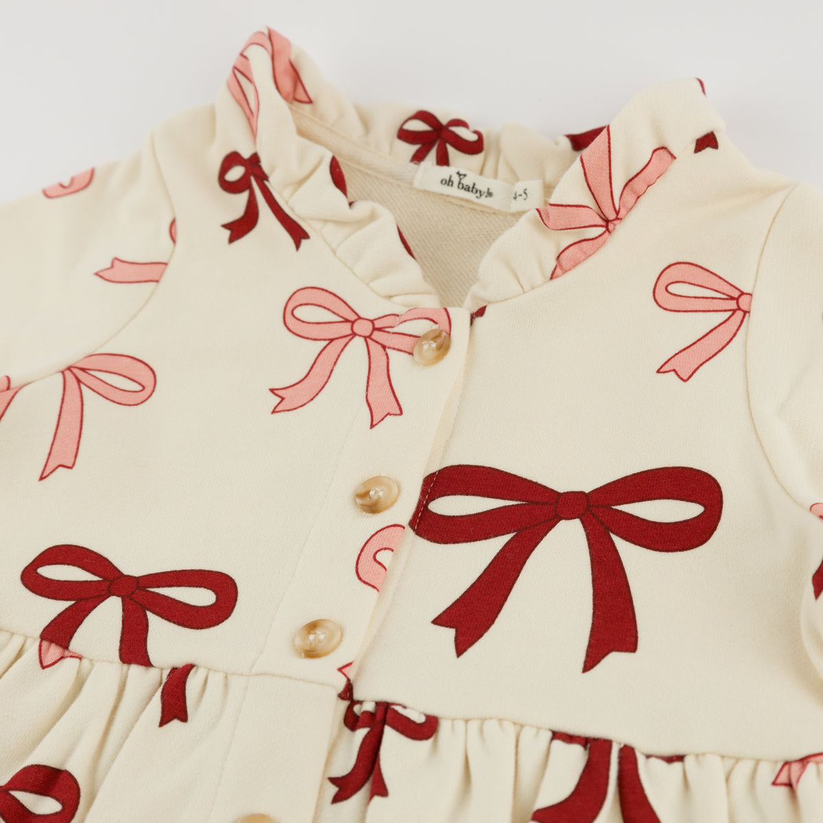 oh baby! French Terry Josephine Dress - Pink Cherry Bows - Natural - Buttons