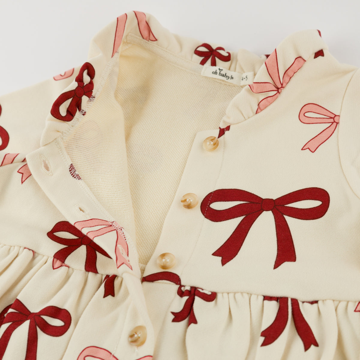oh baby! French Terry Josephine Dress - Pink Cherry Bows - Natural-open
