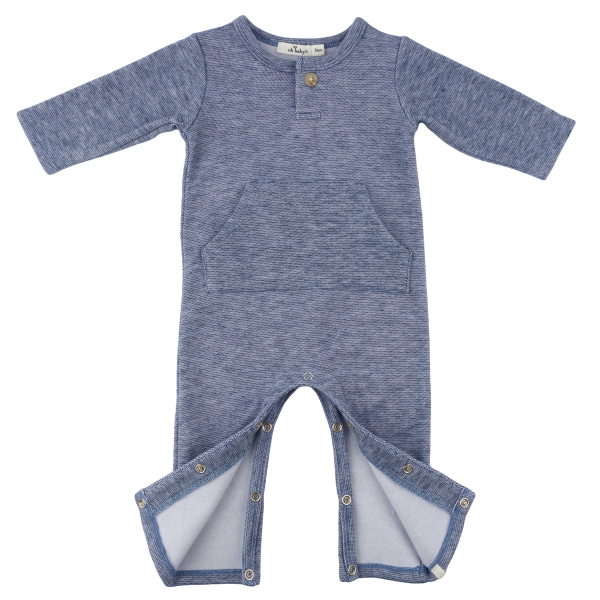 oh baby! Honeycomb One-Button Romper with Kangaroo Pocket - Denim - Snaps