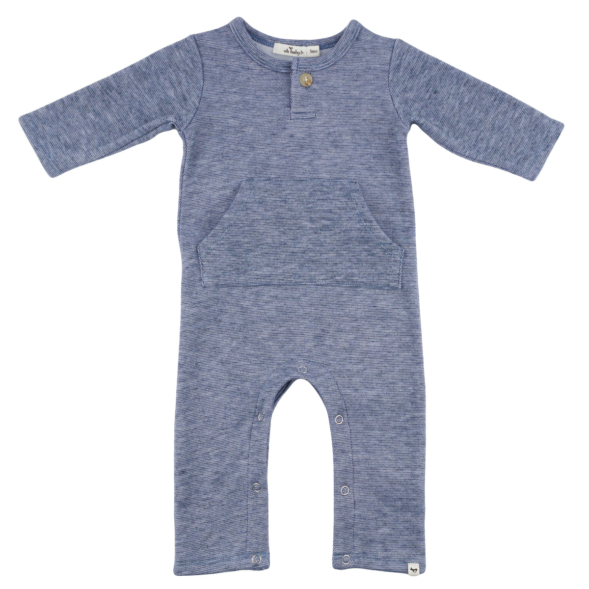 oh baby! Honeycomb One-Button Romper with Kangaroo Pocket - Denim