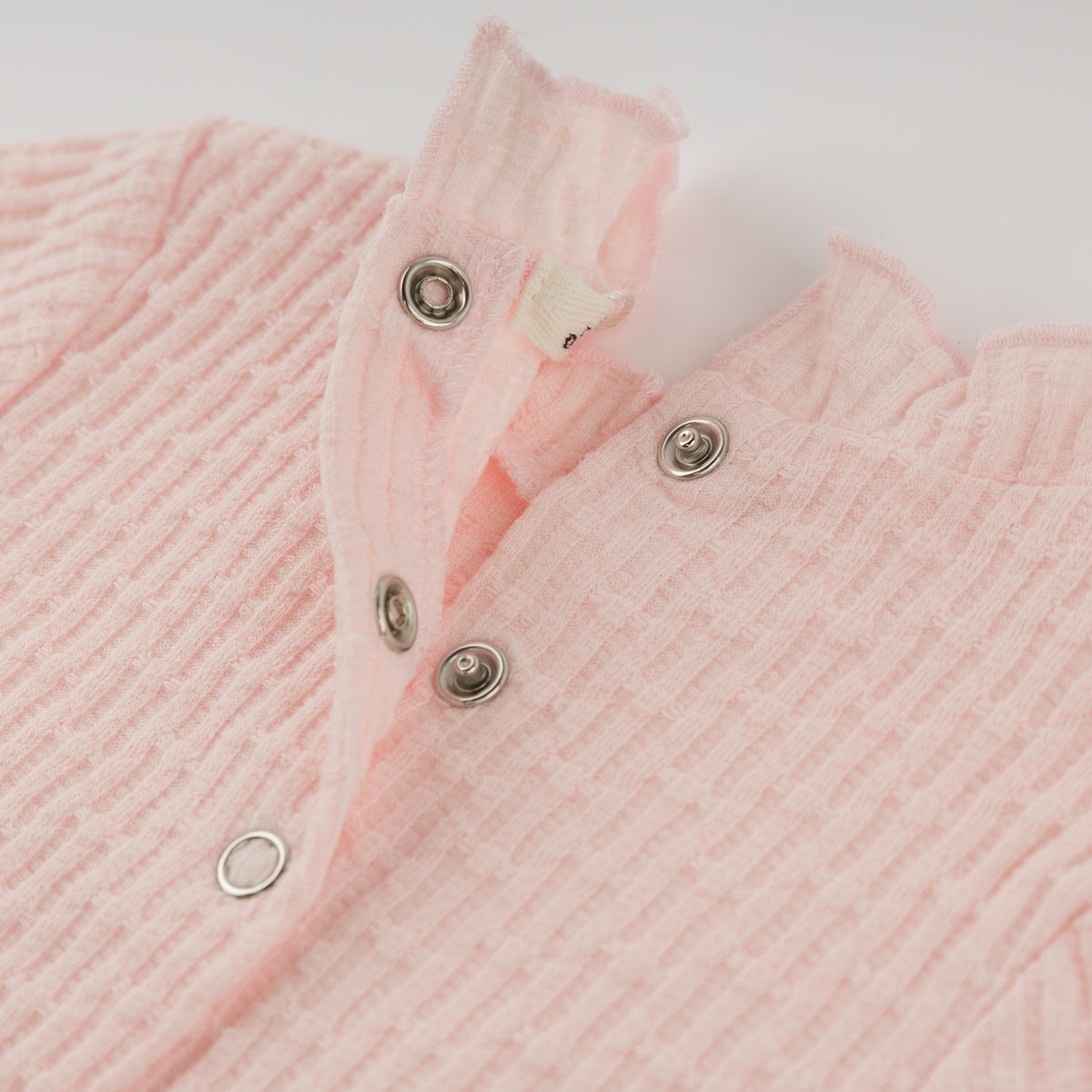 oh baby! Mock Neck Onesie - Mini Bow Rib Ruffle Bow - Barely Pink - Back Snap