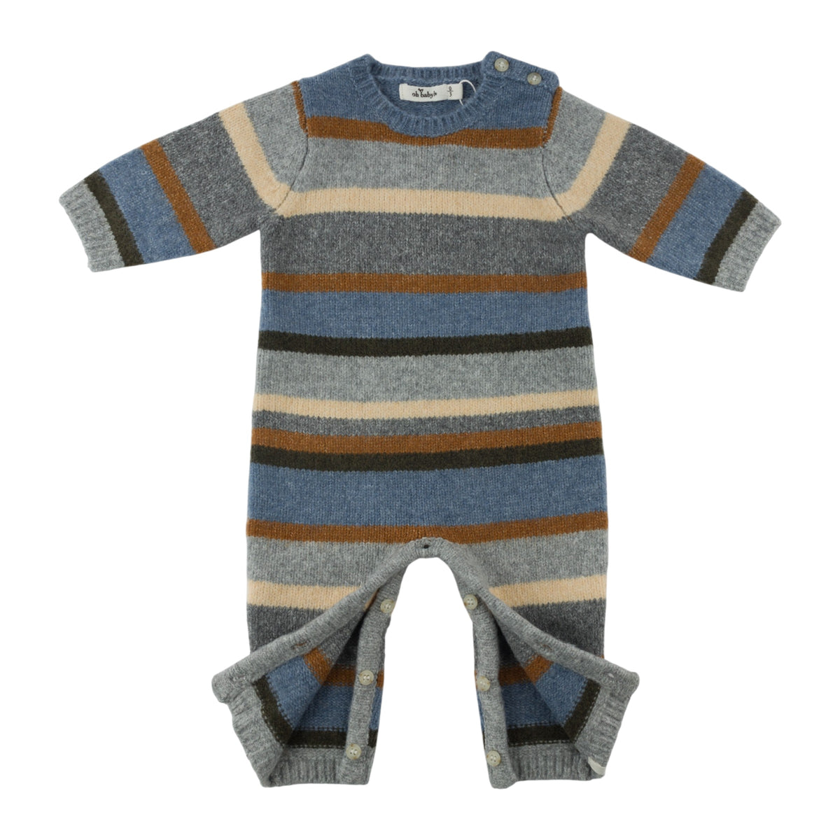 oh baby! Knitted Camden Romper - Multi Striped - Dusty Blue - Button Legs