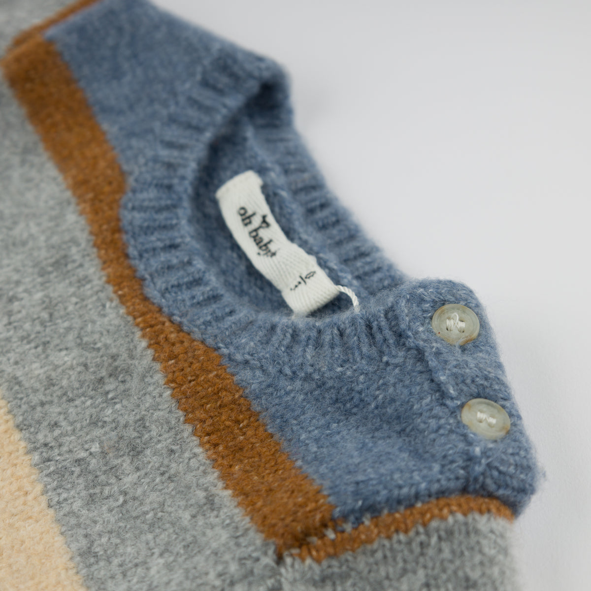 oh baby! Knitted Camden Romper - Multi Striped - Dusty Blue - Neck with Buttons