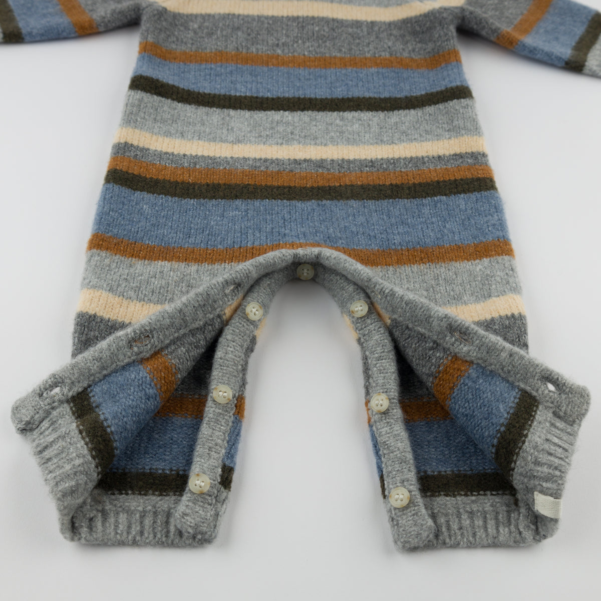 oh baby! Knitted Camden Romper - Multi Striped - Dusty Blue - Legs Open
