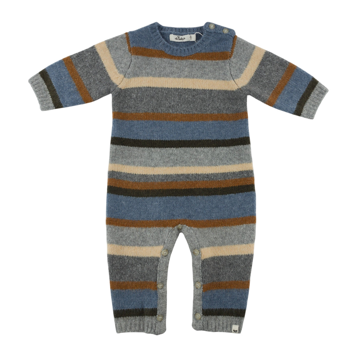oh baby! Knitted Camden Romper - Multi Striped - Dusty Blue