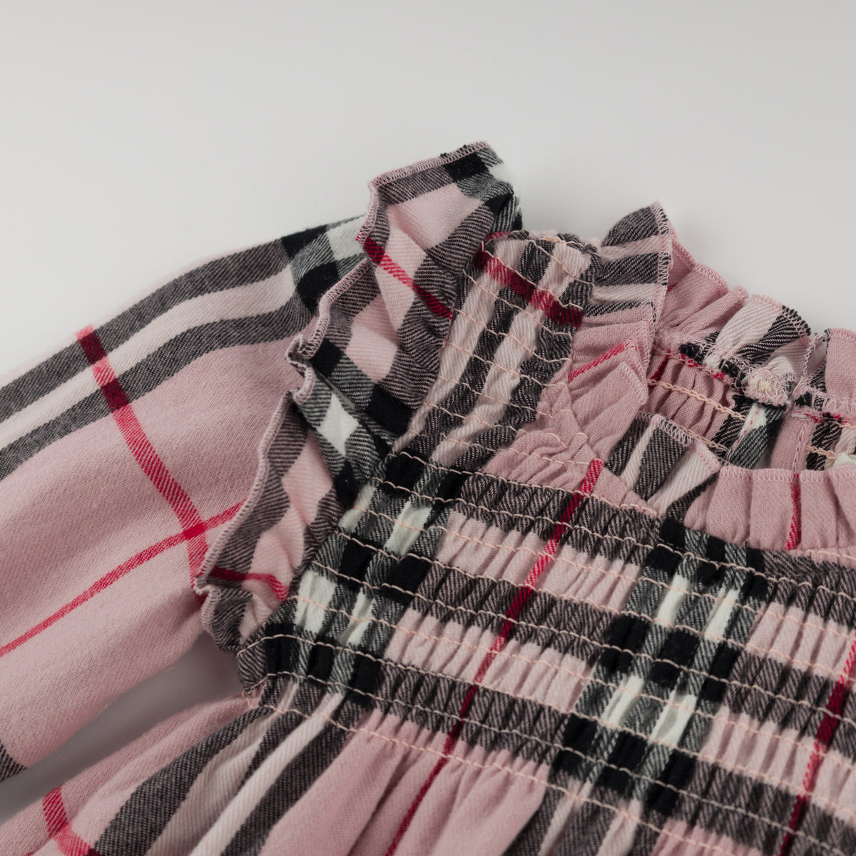 oh baby! Anna Ruffle Shoulder Dress - Mini Tartan - Pink - Smocked Top