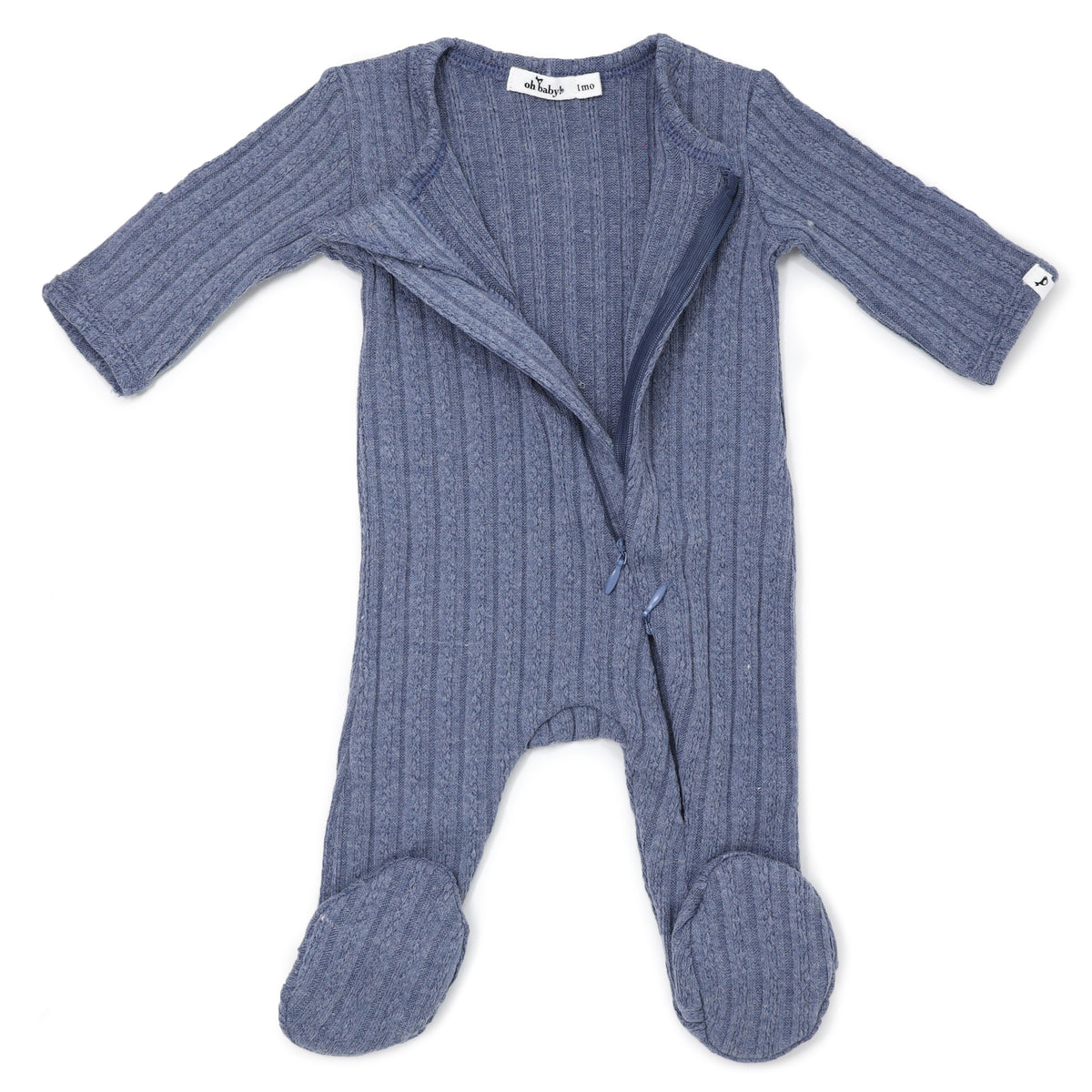 oh baby! Two Way Zipper Footie - Cable Knit - Denim