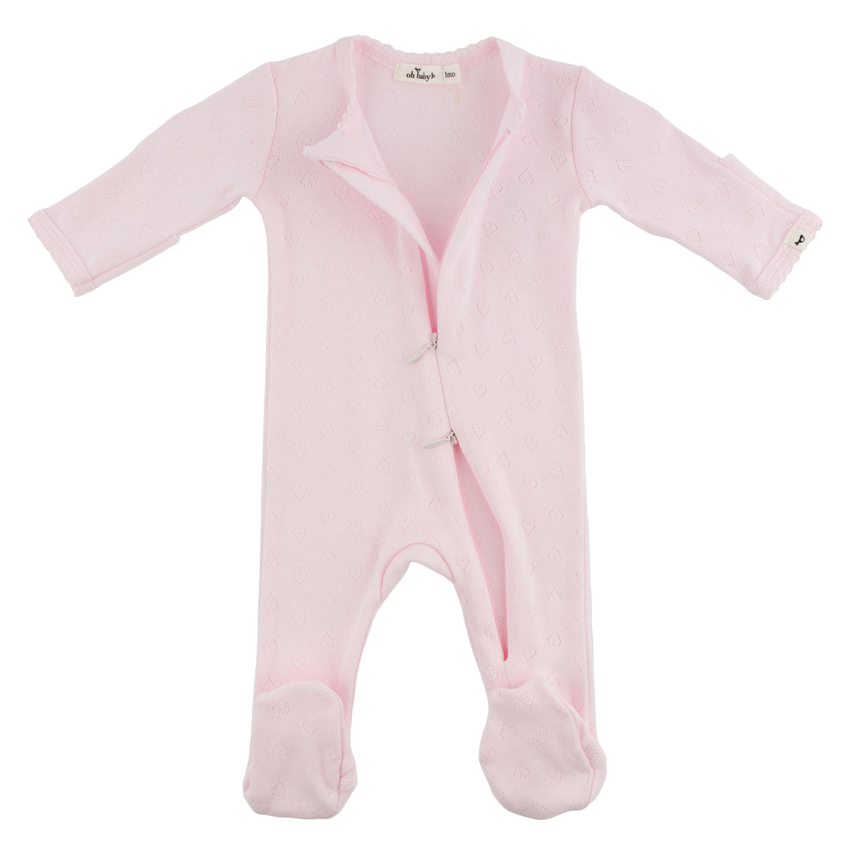 oh baby! Zipper Footie - Hearts Pointelle Pico Edge - Pale Pink - Zipper Open