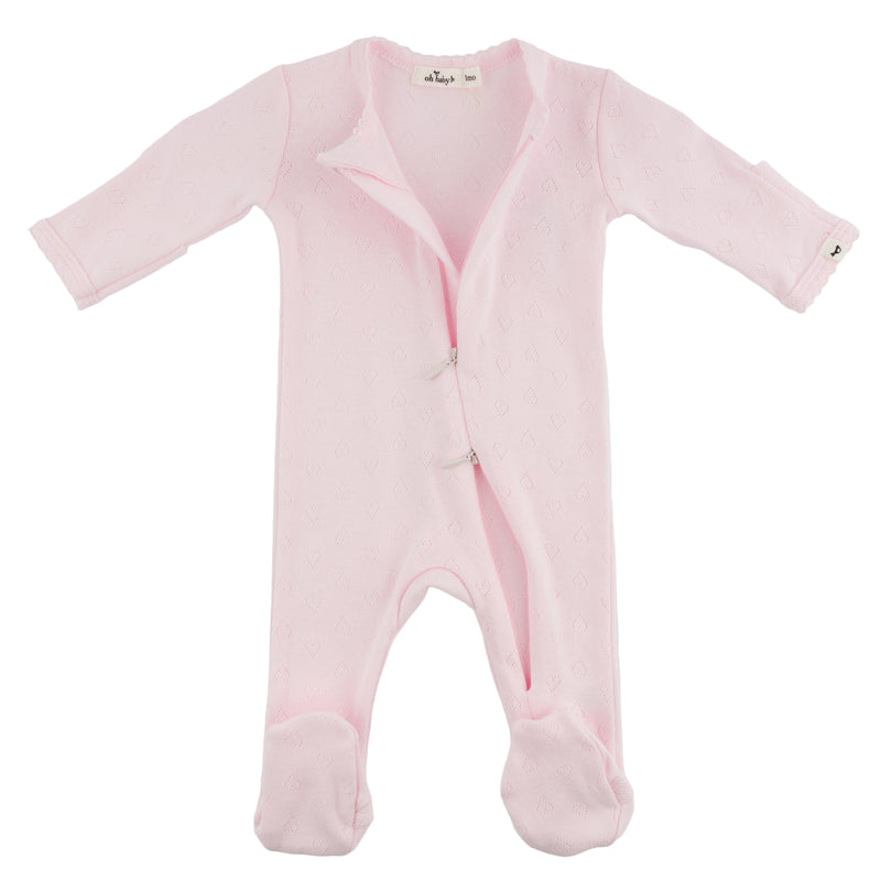 oh baby! Zipper Footie - Hearts Pointelle Pico Edge - Pale Pink - Zipper Open