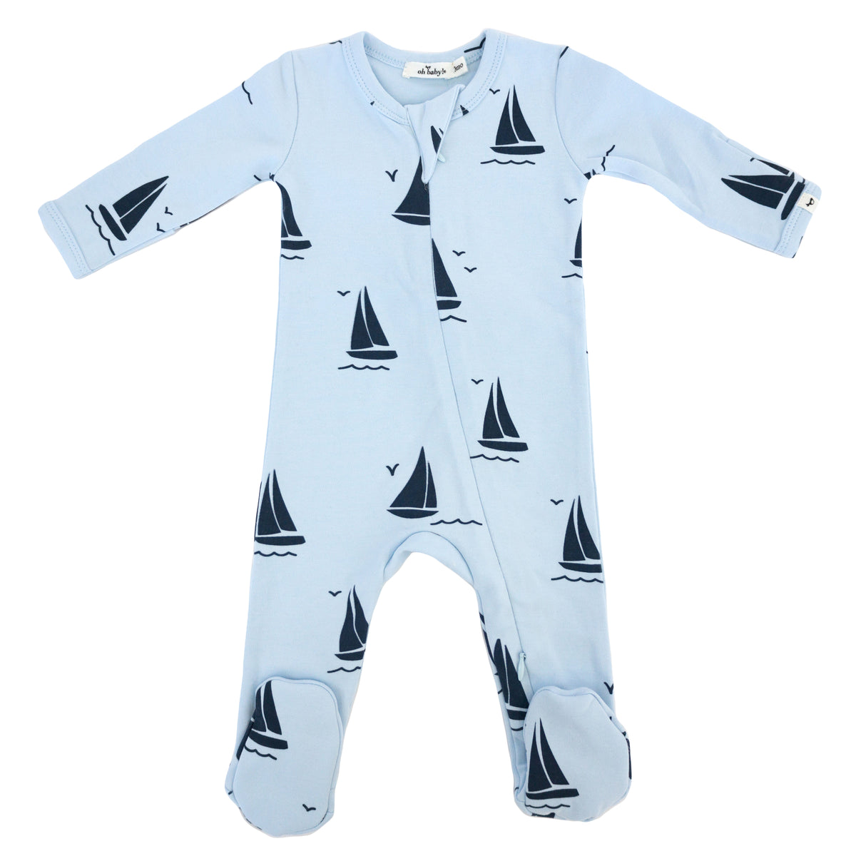 oh baby! Cotton Baby Rib Zipper Footie - Sailboat Print - Sky Blue