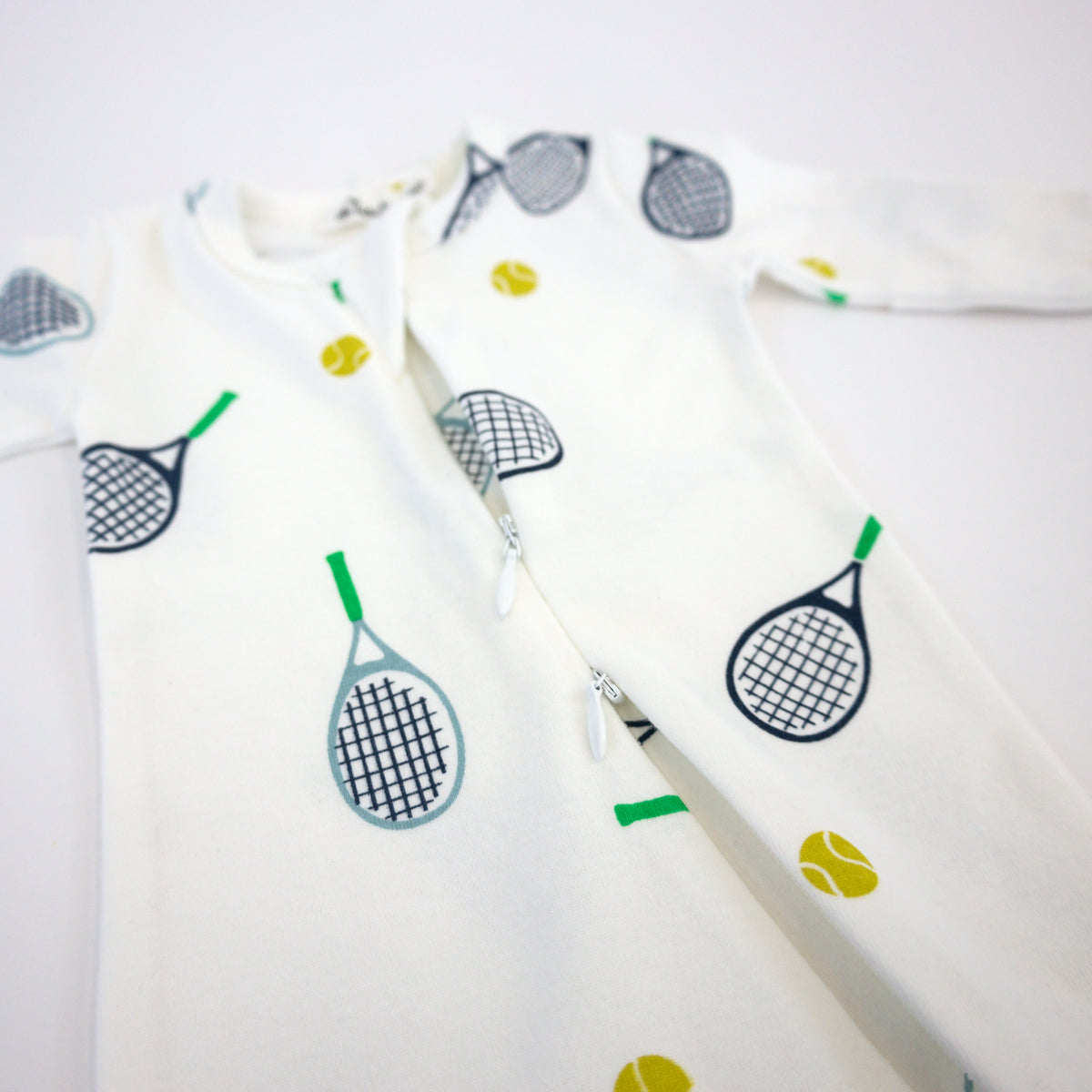 oh baby! Cotton Baby Rib Zipper Footie - Tennis Print - Cream
