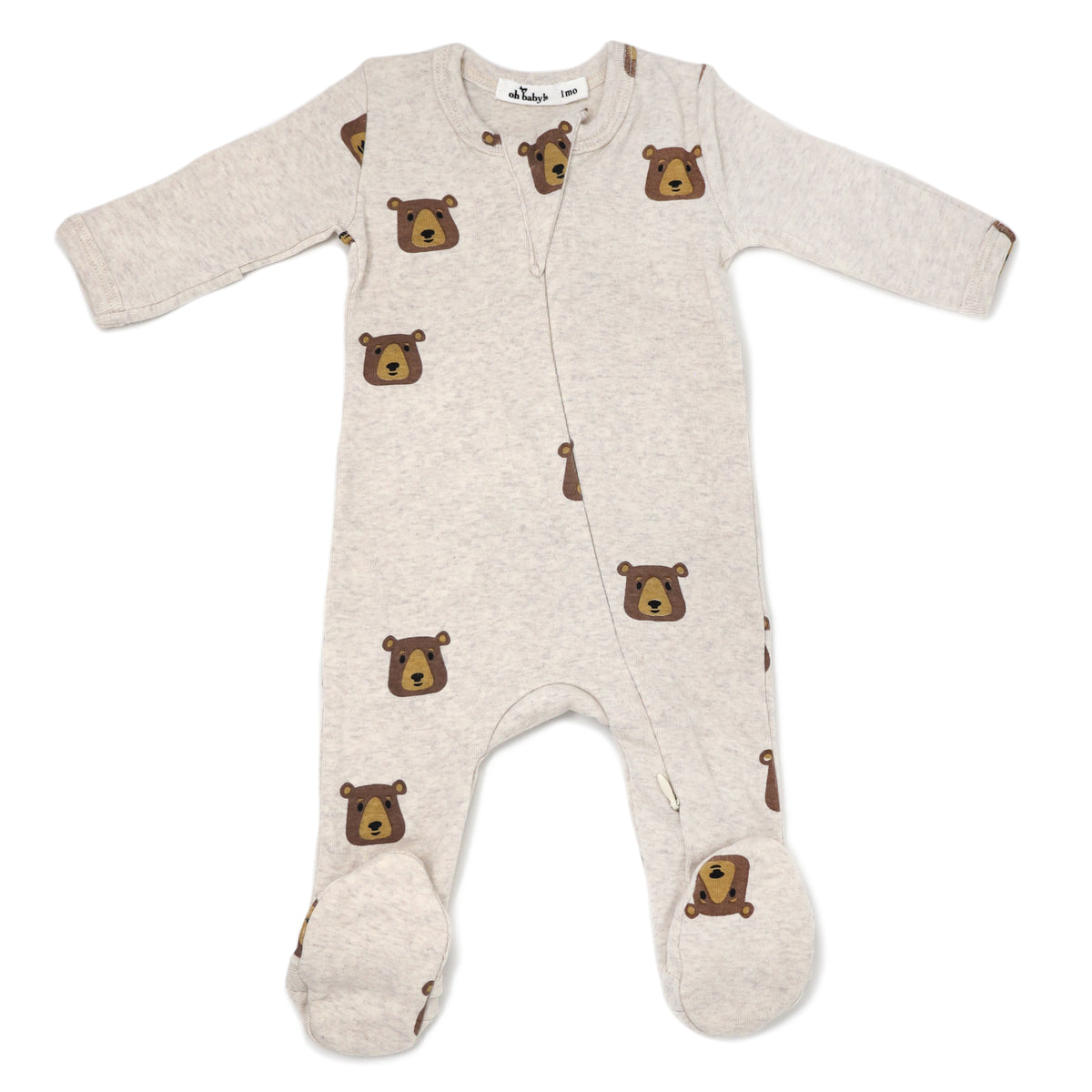 oh baby! Zipper Footie Brown Bear Faces Print - Sand