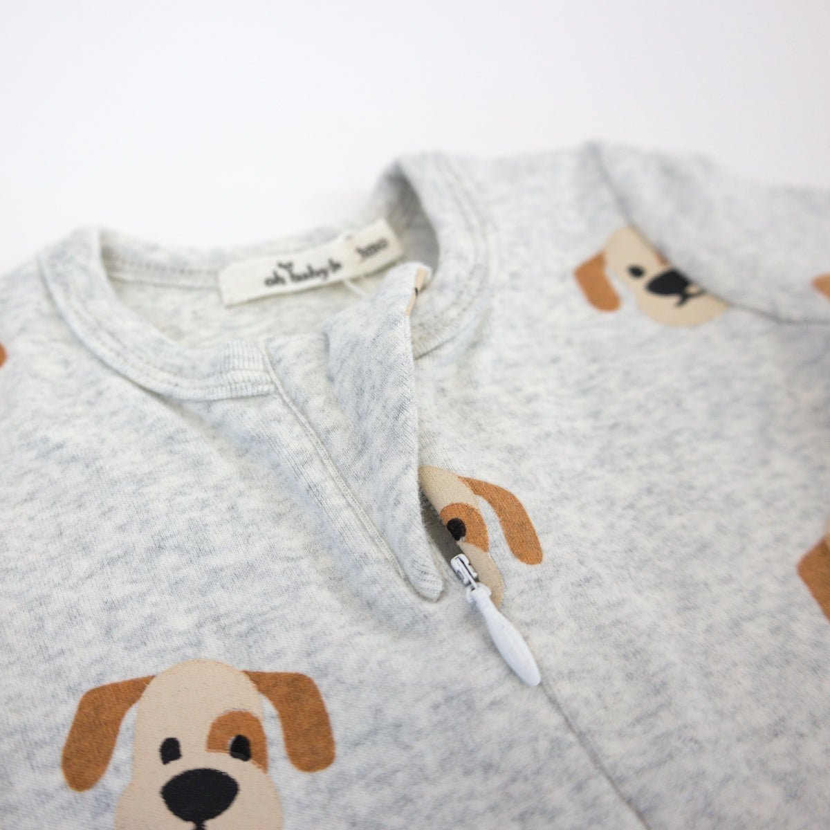 oh baby! Cotton Baby Rib Zipper Footie - Puppy Face Print - Heather Gray