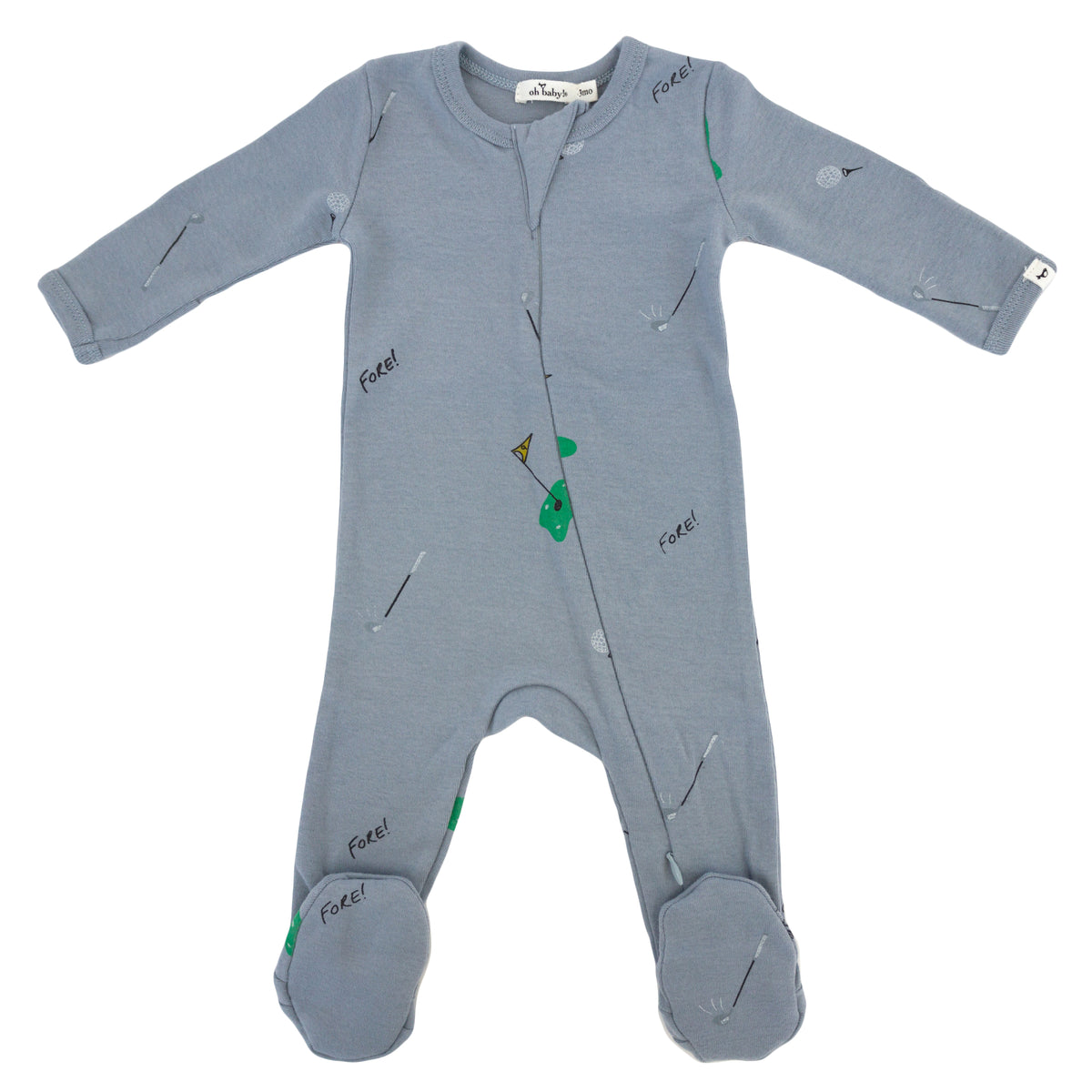 oh baby! Cotton Baby Rib Zipper Footie - Golf Print - Fog