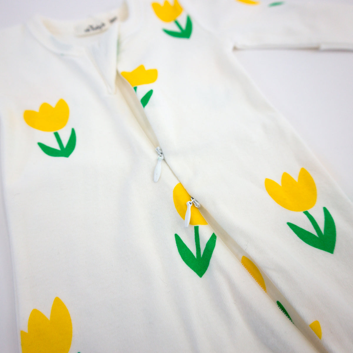 oh baby! Cotton Baby Rib Zipper Footie - Yellow Tulips Print - Cream