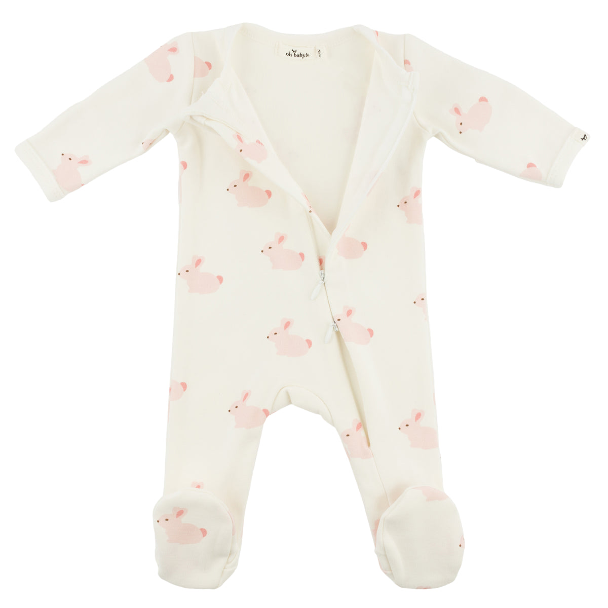 oh baby! Zipper Footie - Pink Bunnies Print - Oyster - Open Zipper