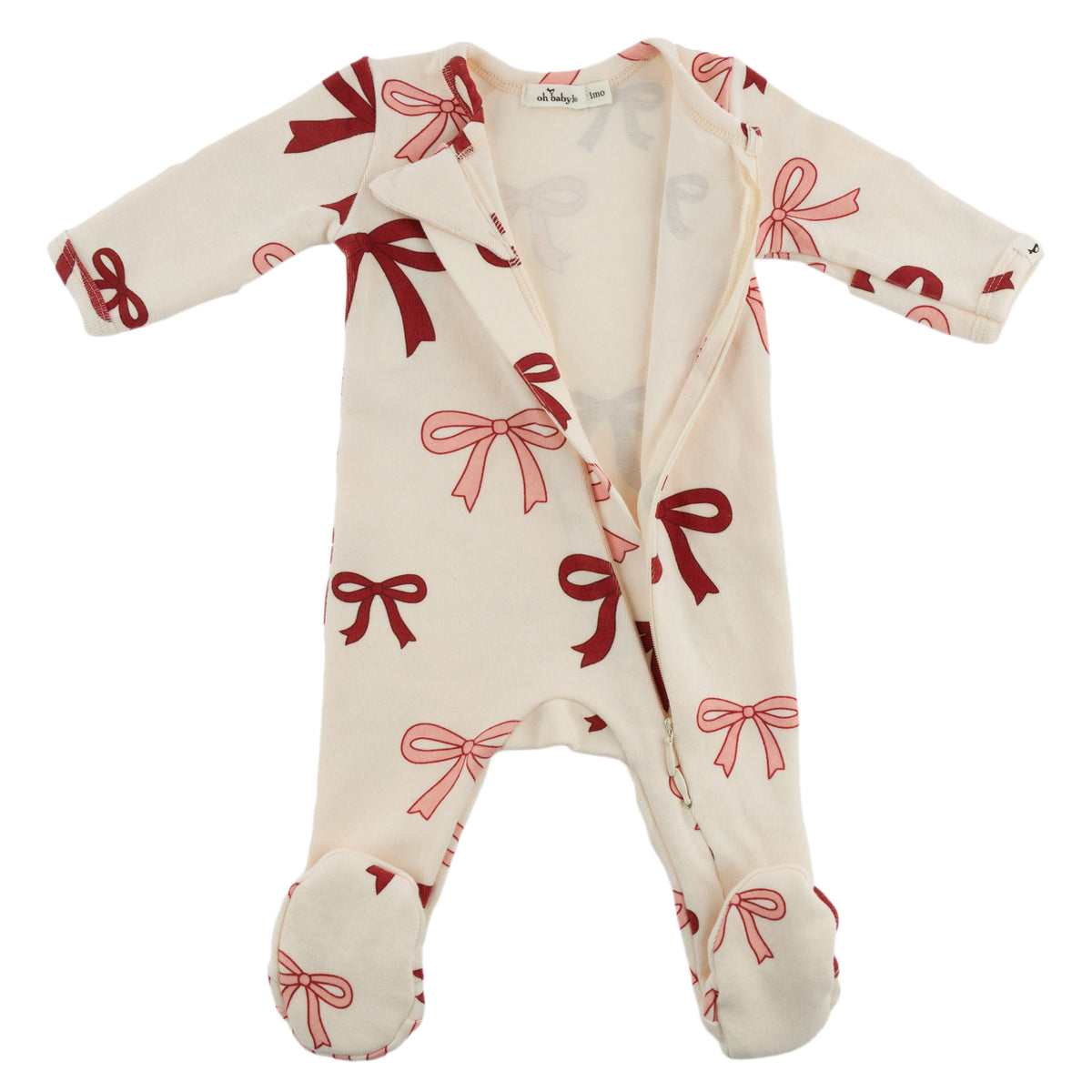 oh baby! Zipper Footie - Pink Cherry Bows - Natural - oh baby!