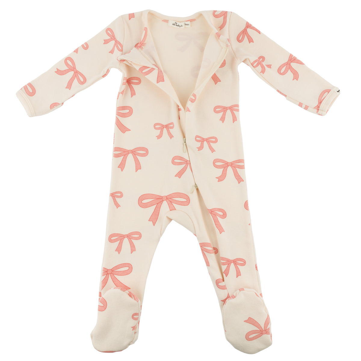 oh baby! Zipper Footie - Pink Bows - Natural - Open