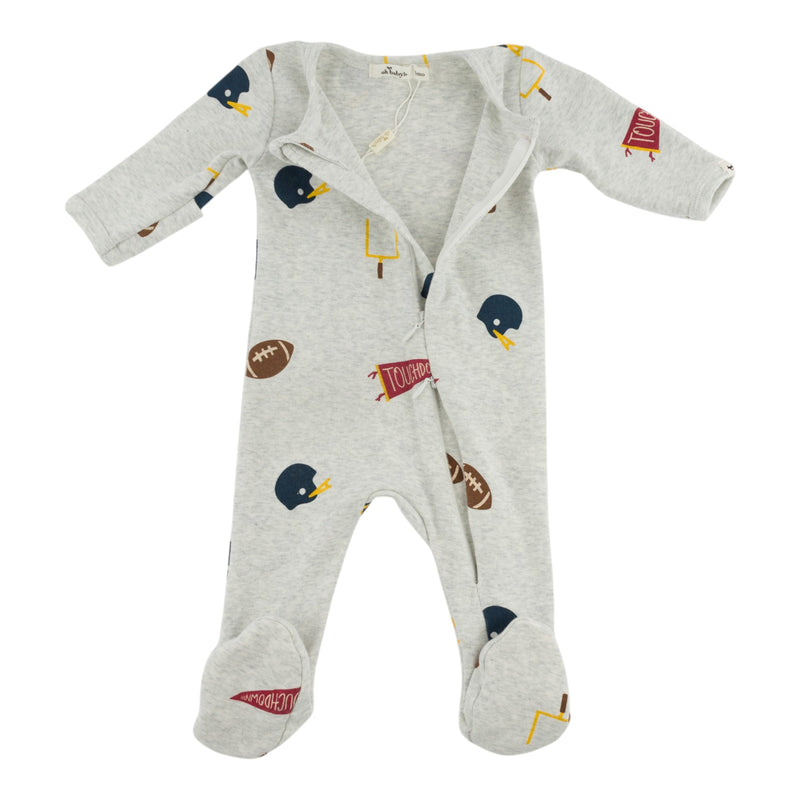 oh baby! Zipper Footie - Football Print - Heather Gray - Open