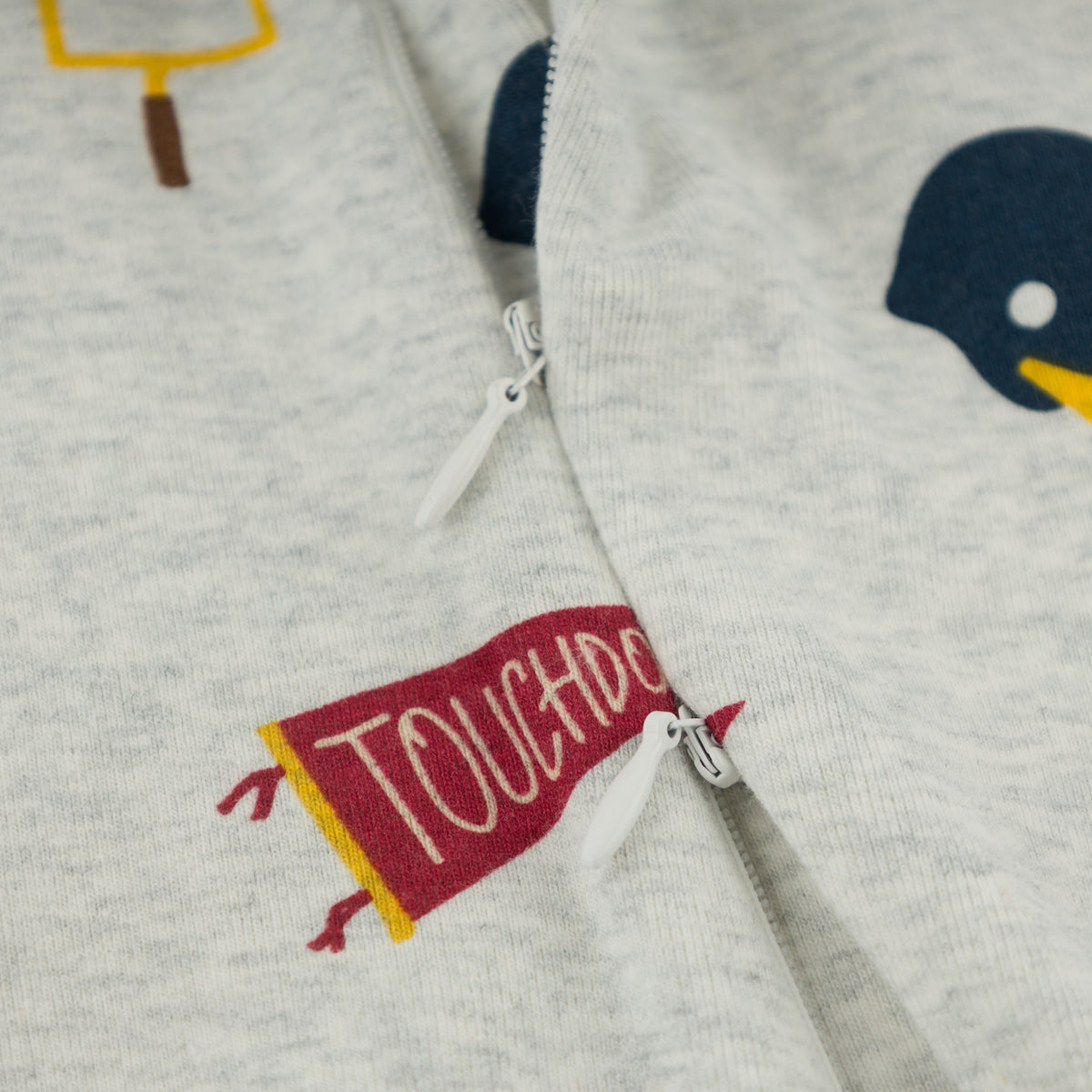 oh baby! Zipper Footie - Football Print - Heather Gray - Two-way zipper