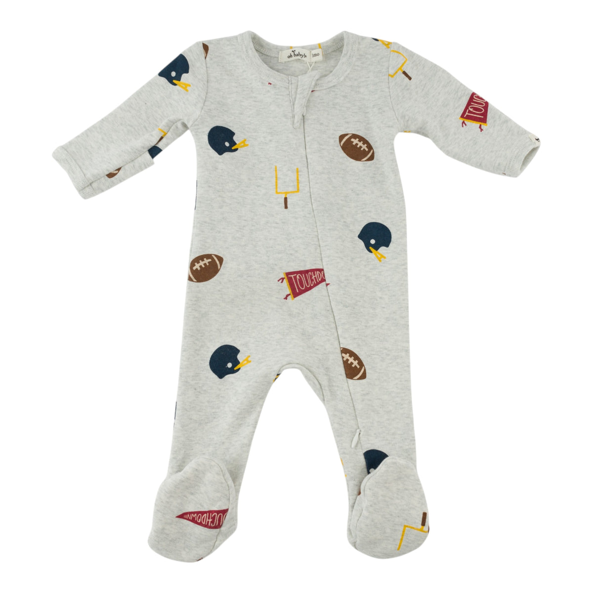 oh baby! Zipper Footie - Football Print - Heather Gray